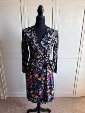 BCBGMaxAzria Black Wrap Dress with Multicolor Abstract Print